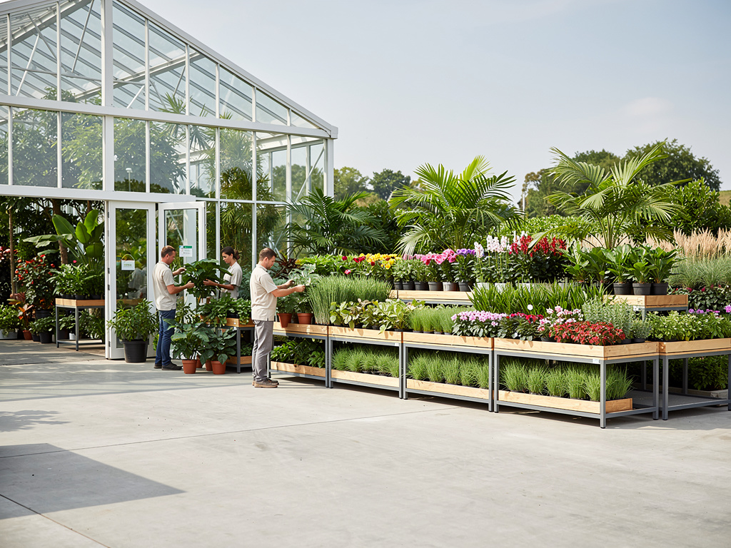 Invernadero de cristal con mesas de plantas y flores coloridas en un vivero de jardinería