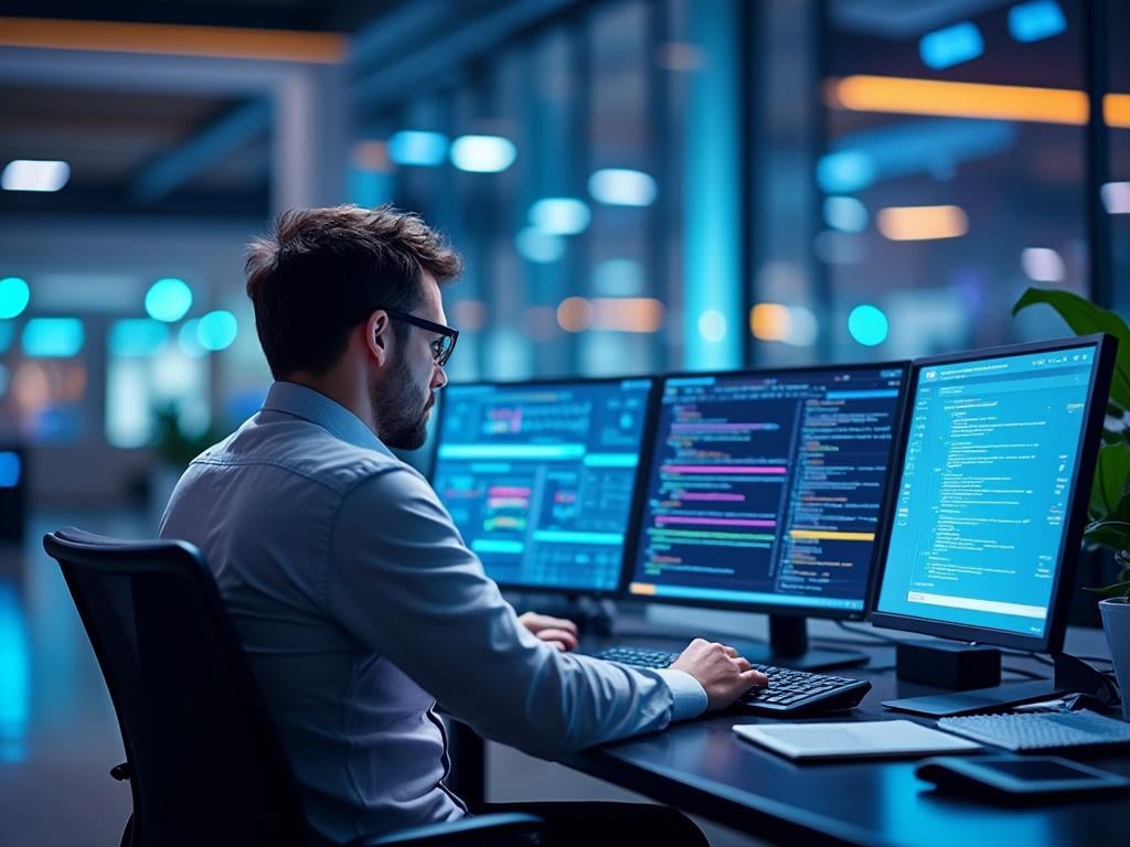 Software developer working on code at a multi-monitor setup in a modern office setting.