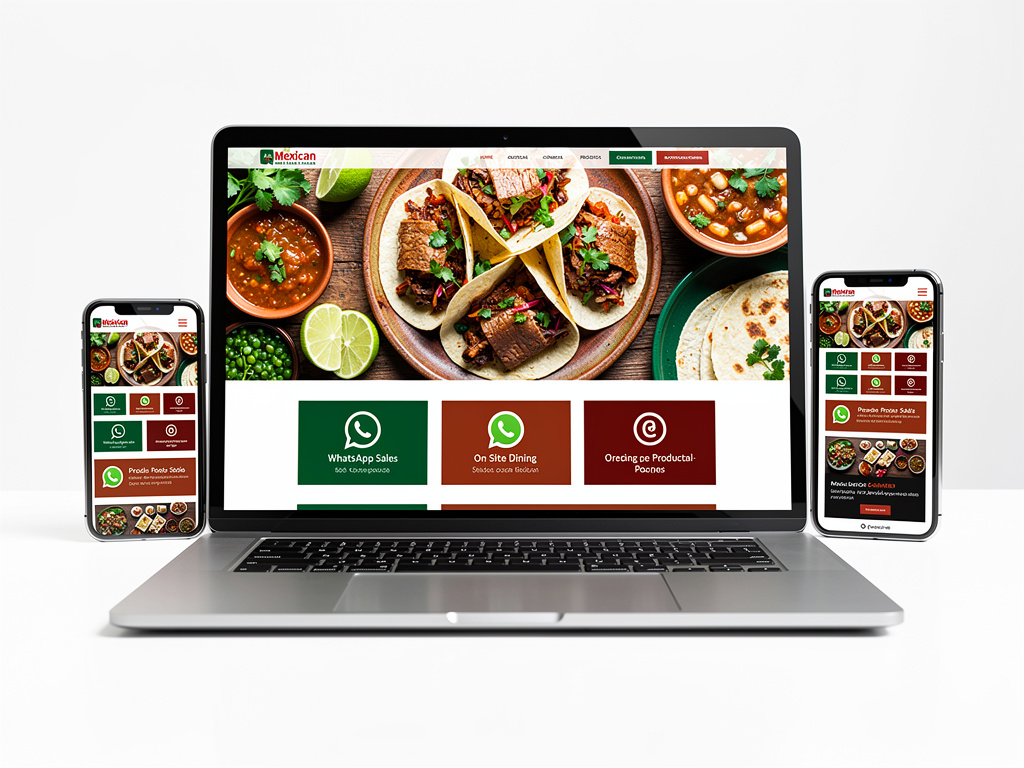 Diseño web responsive para restaurante mexicano con tacos, menú online y pedidos por WhatsApp en laptop y móviles
