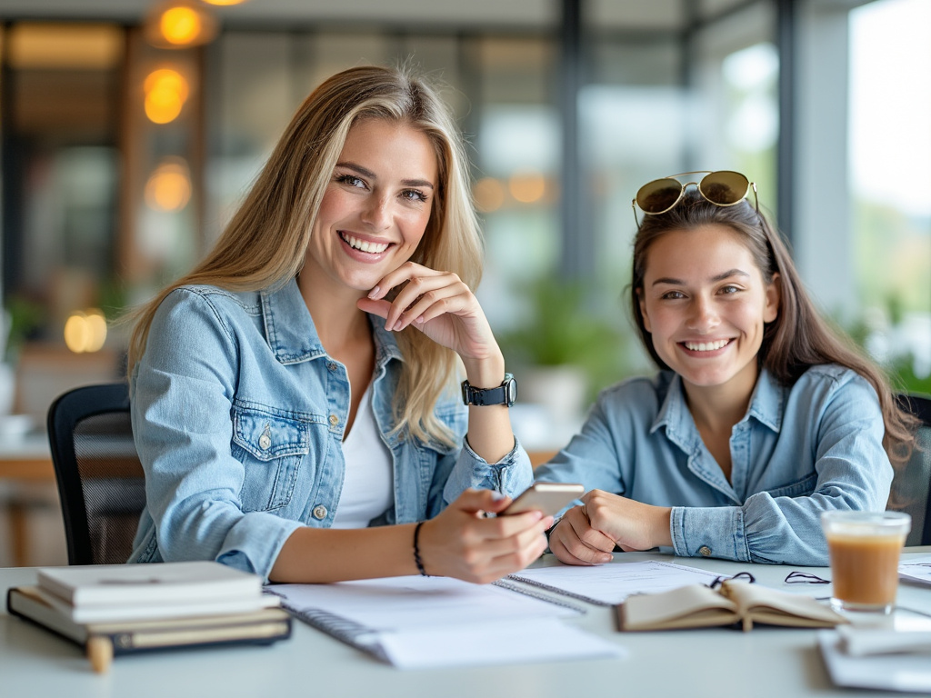 Dos mujeres sonriendo en una oficina moderna, con camisetas de mezclilla, cuadernos y café sobre la mesa.