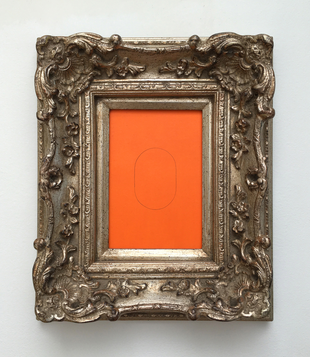 A minimalist pencil line oval on an orange background in an ornate silver frame.