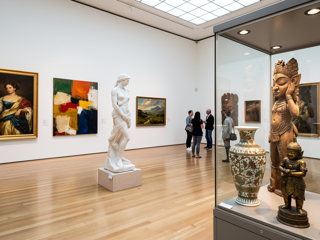 Galería de museo de arte con pinturas, esculturas clásicas y vitrinas con piezas decorativas y figuras asiáticas