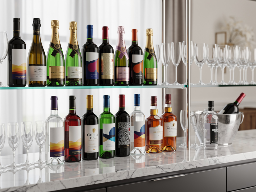 Botellas de vino y champagne en estantería de bar con copas de cristal y cubitera sobre encimera de mármol