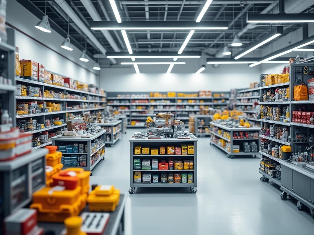 Estanterías llenas de productos variados en un amplio supermercado bien iluminado.
