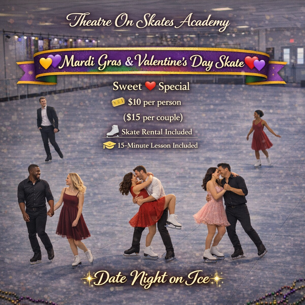 ❤️ Mardi Gras & Valentine’s Day Skate ❤️
All February Long
$10 per person
$15 per couple
⛸ Skate Rental Included
15‑Minute Lesson Included
✨ Date Night on Ice ✨