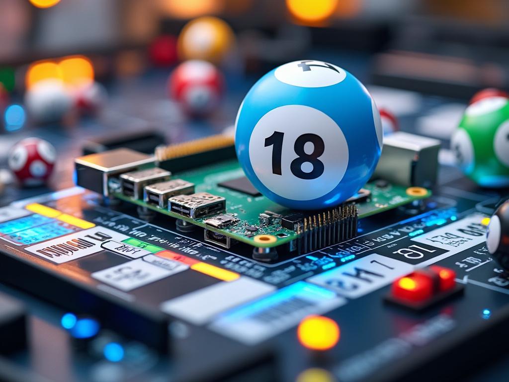 Close-up of a digital circuit board with a blue lottery ball numbered 18 placed on top, with blurred lights and other balls in the background.