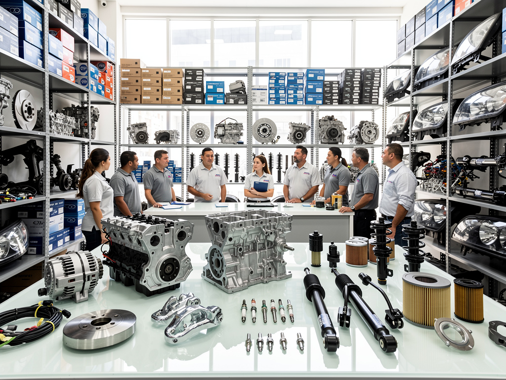 Equipo de tienda de repuestos automotrices reunido entre estanterías con motores, faros, amortiguadores, filtros y piezas de coche Equipo de tienda de repuestos automotrices reunido entre estanterías con motores, faros, amortiguadores, filtros y piezas de coche