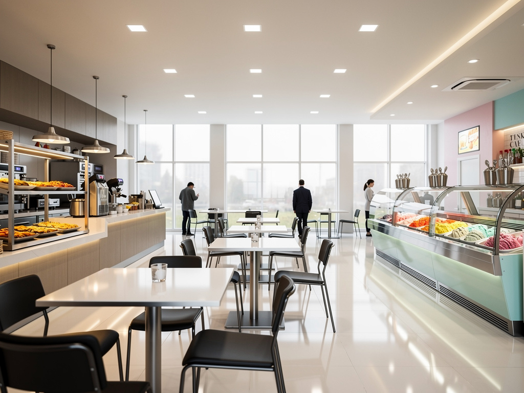 Cafetería moderna luminosa con mesas, vitrinas de helados y pastelería, grandes ventanales y clientes en el interior