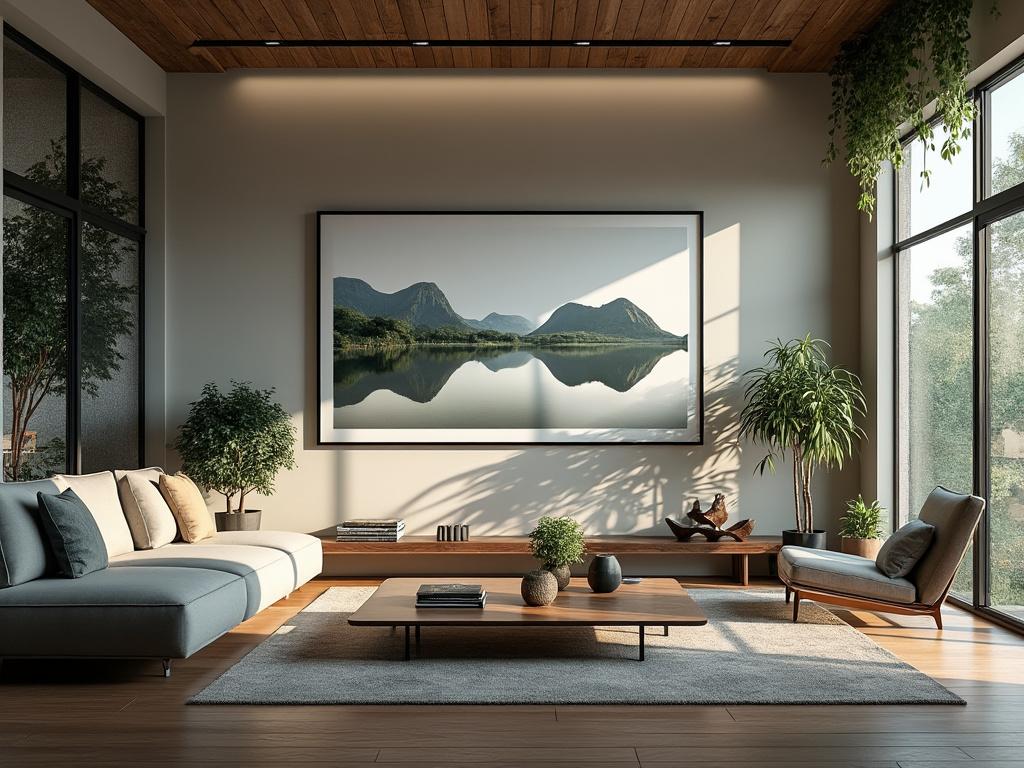 Modern living room with large landscape painting, comfortable furniture, lush indoor plants, and floor-to-ceiling windows.
