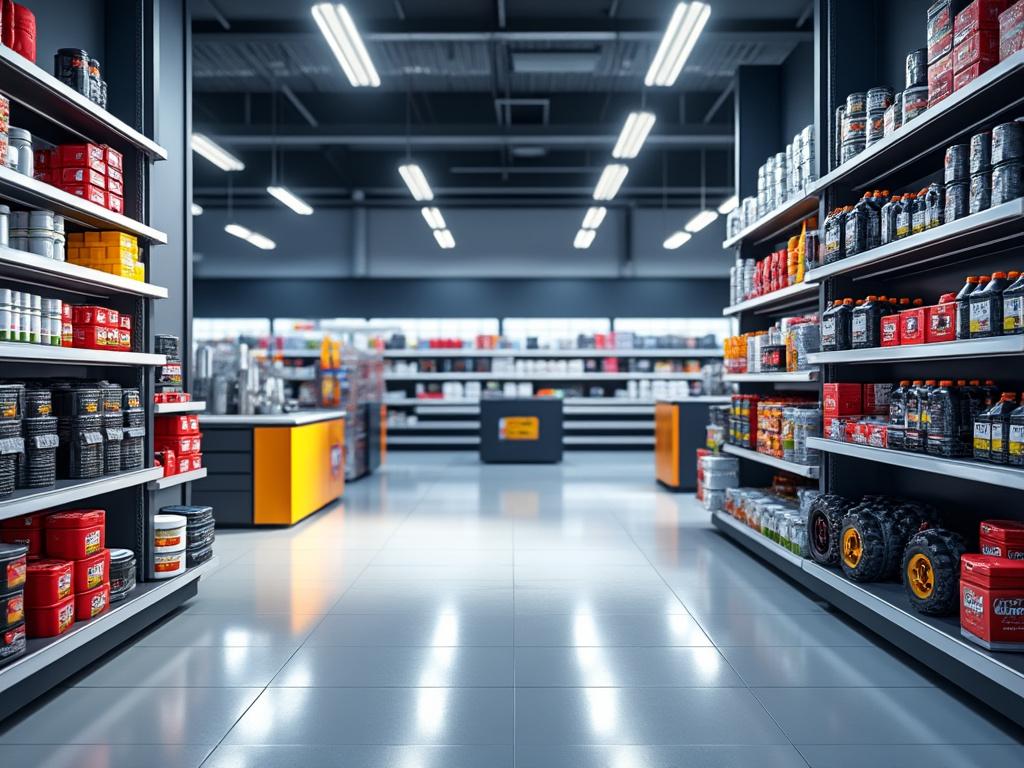 Pasillo de tienda con estantes llenos de productos automotrices en un ambiente moderno y bien iluminado.