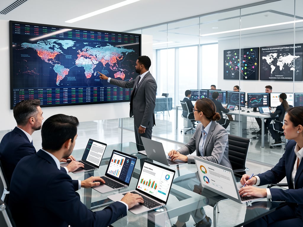 Business analytics team reviewing global market data on digital dashboard in modern office