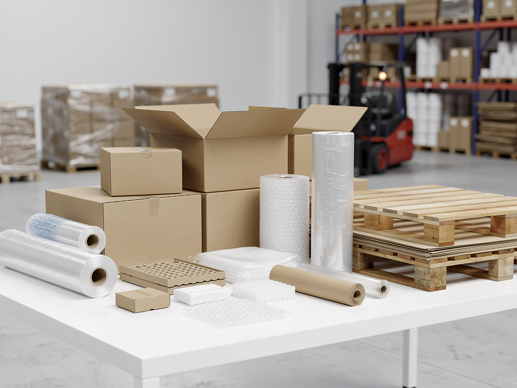 Materiales de embalaje industrial con cajas de cartón, film plástico, plástico de burbujas y palés en almacén