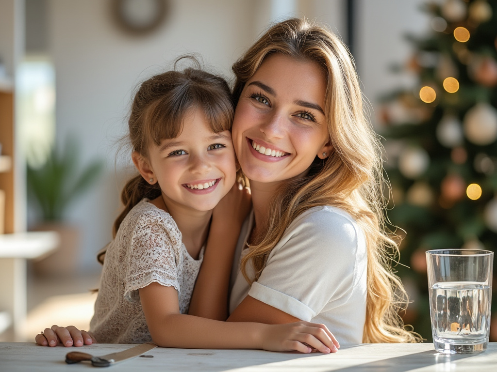 Madre e hija sonriendo juntas en casa decorada para la Navidad, con un vaso de agua sobre la mesa.