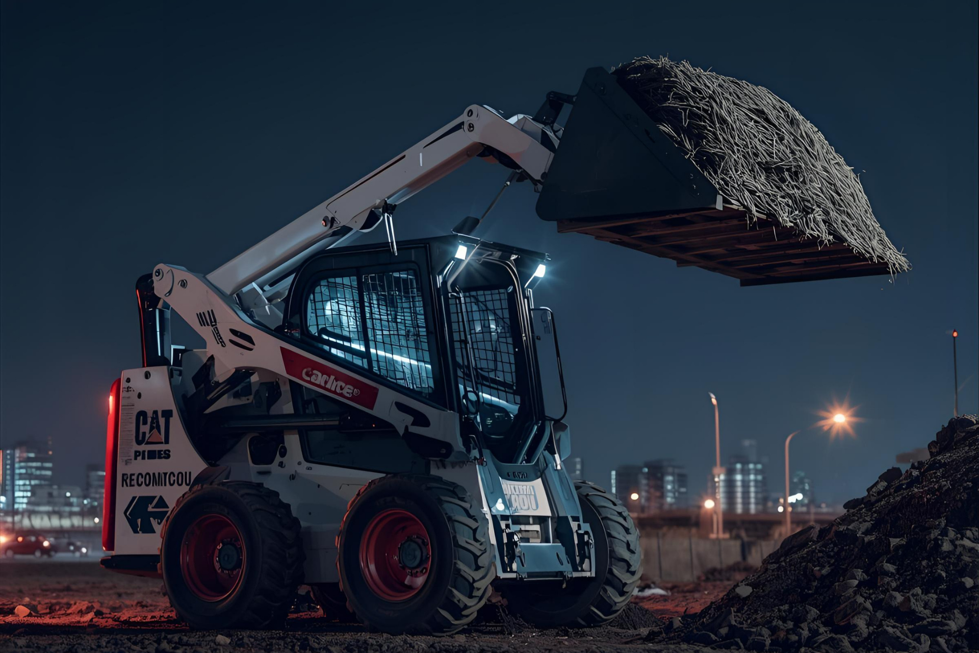 Minicargadora CAT levantando escombros en un sitio de construcción nocturno con luces de ciudad al fondo.
