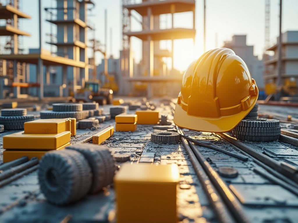 Casco de construcción amarillo sobre superficie de obra, con edificios en construcción al fondo al atardecer.