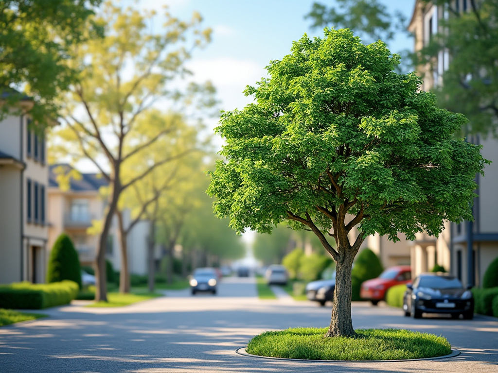 Lush green tree in the middle of a sunny suburban street with houses and cars in the background.