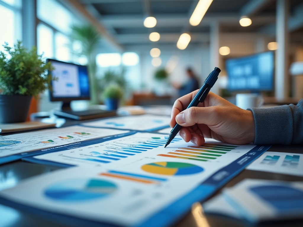 Mano con bolígrafo revisando gráficos de negocios en oficina moderna.