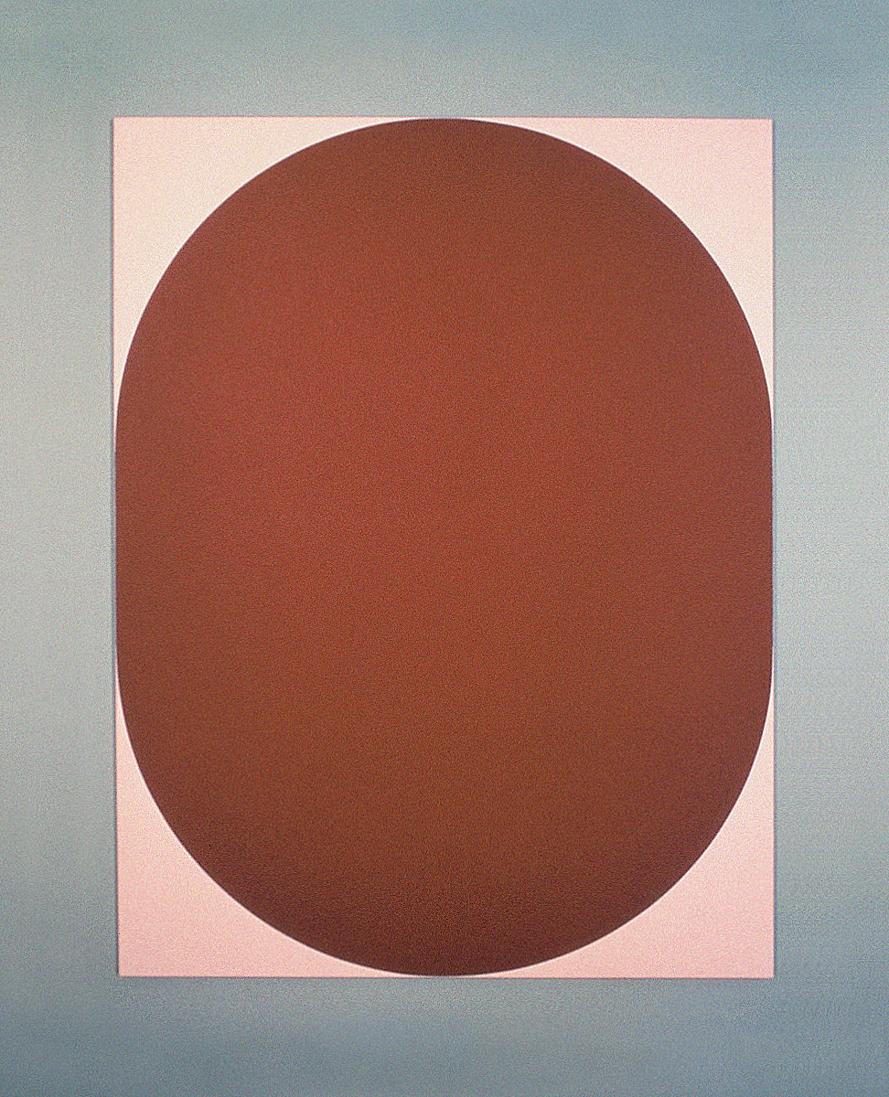 A large hard-edge painting of a pink oval that touches the edges of the canvas.