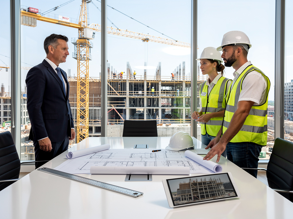 Ingenieros y ejecutivo revisan planos de construcción en oficina con vista a obra y grúas