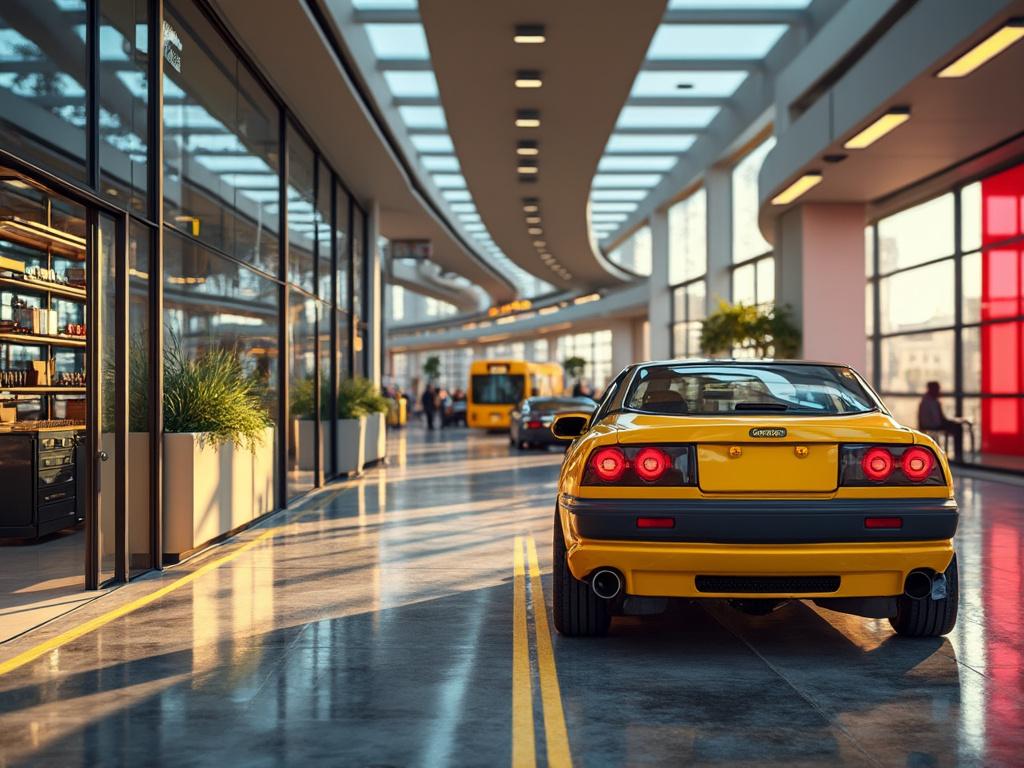 Coche deportivo amarillo dentro de un moderno edificio con paredes de cristal y un autobús amarillo en el fondo.