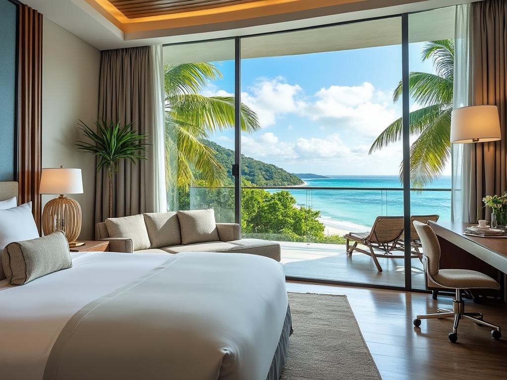 Habitación de hotel lujosa con vista al mar, sofá beige, cama amplia y escritorio, decorada con plantas y lámpara moderna.