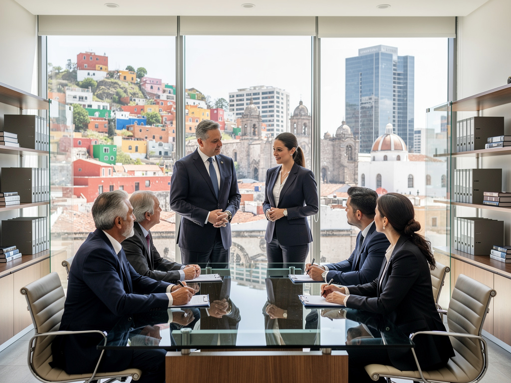 Reunión ejecutiva en sala de juntas moderna con vista panorámica a ciudad colorida y edificios históricos
