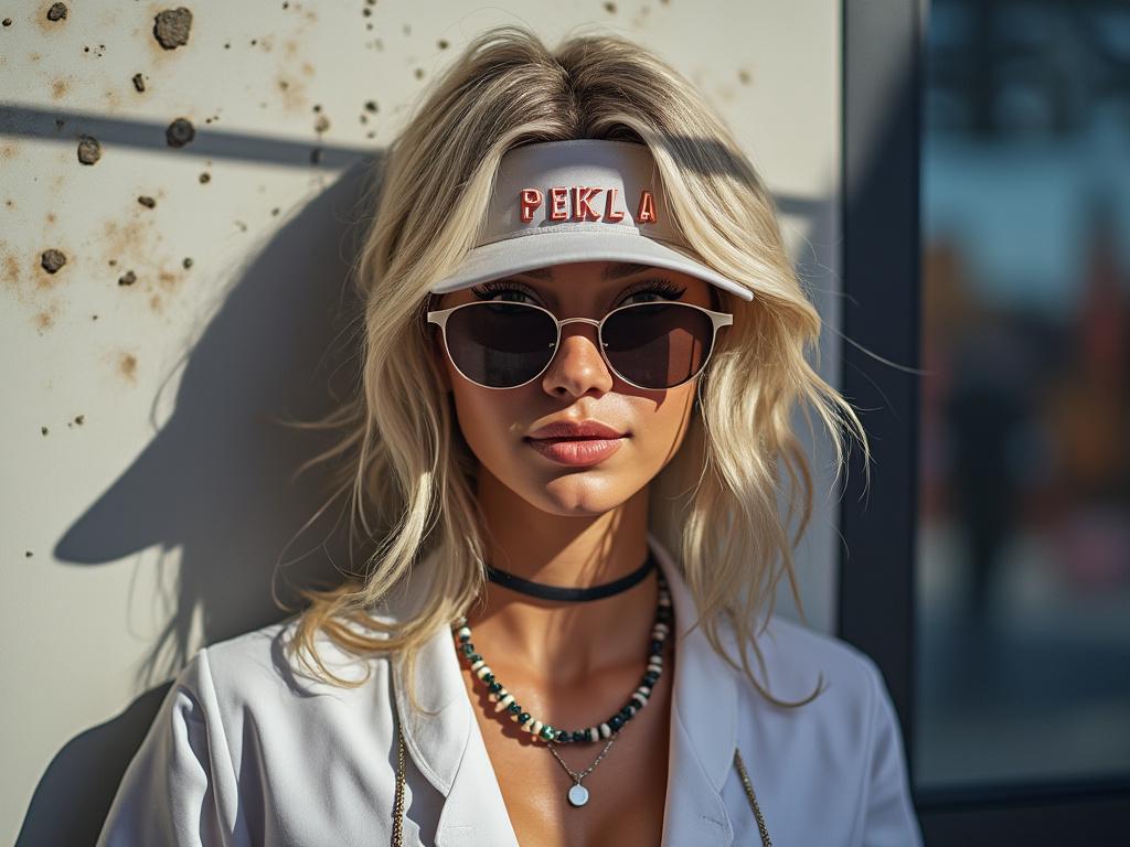 Stylish woman with sunglasses and visor posing outdoors, wearing a necklace and a fashionable outfit.