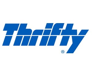 Thrifty logo in blue stylized font on white background.