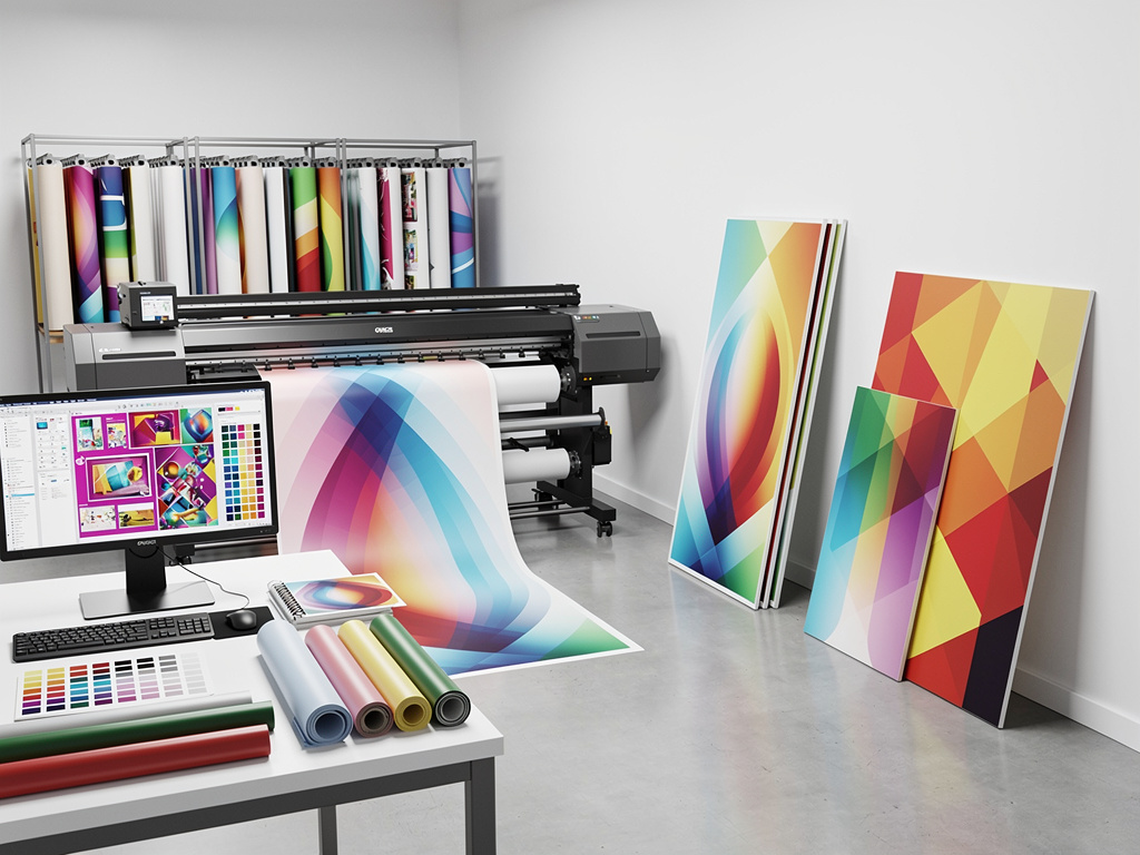 Impresora de gran formato imprimiendo gráficos coloridos con vinilos, muestras de color y paneles decorativos en estudio de diseño