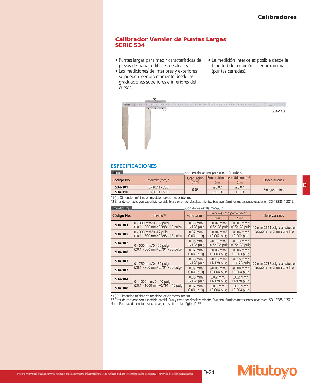 Calibrador vernier de puntas largas
