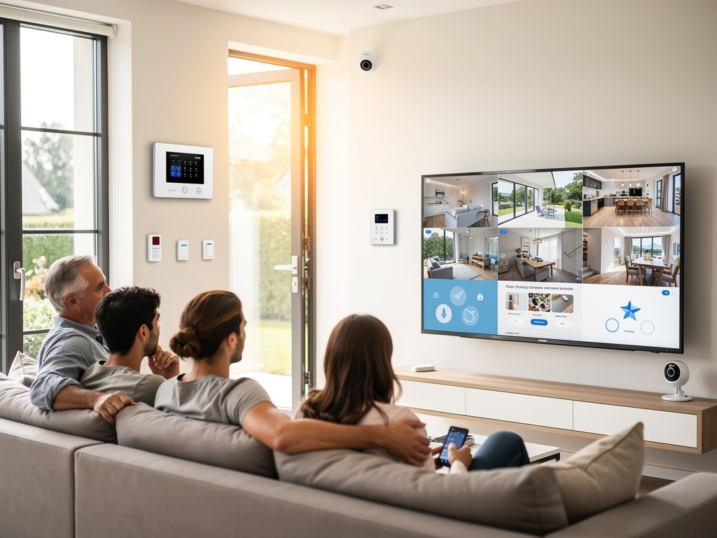 Familia usando sistema de seguridad inteligente en sala moderna con cámaras, pantalla de monitoreo y controles domóticos Familia usando sistema de seguridad inteligente en sala moderna con cámaras, pantalla de monitoreo y controles domóticos