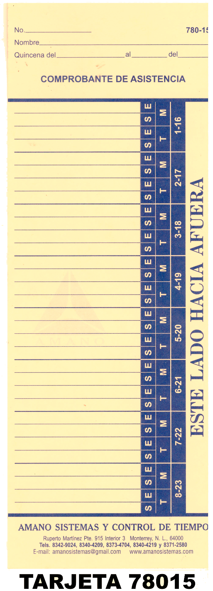 Tarjeta quincenal para relojes de impresión horizontal. Una semana en cada lado de la tarjeta