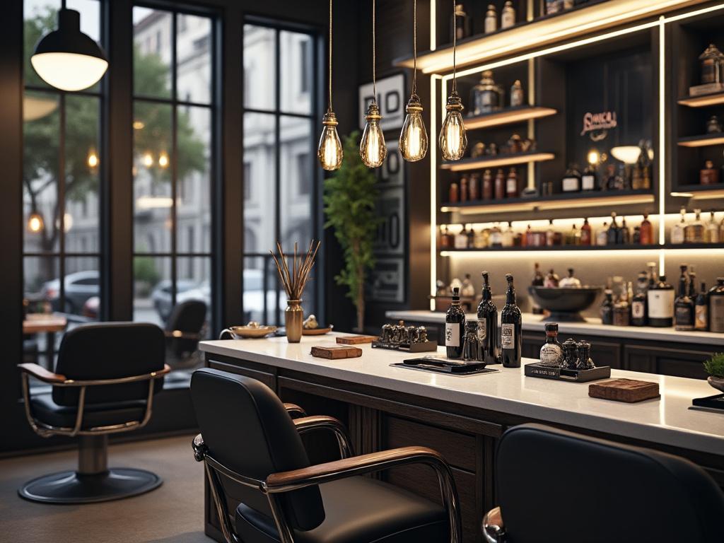 Modern barbershop interior with leather chairs, illuminated vintage light bulbs, and a back wall stocked with grooming products and decorative bottles.