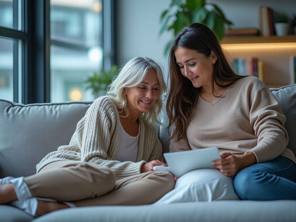 Two women sitting on a sofa looking at a tablet together in a cozy modern living room Two women sitting on a sofa looking at a tablet together in a cozy modern living room
