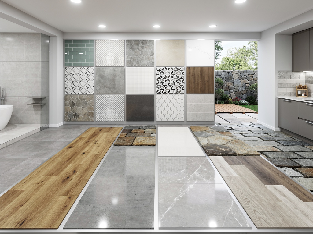 Sala de exposición de azulejos, suelos de madera, mármol, piedra y cerámica para diseño de interiores