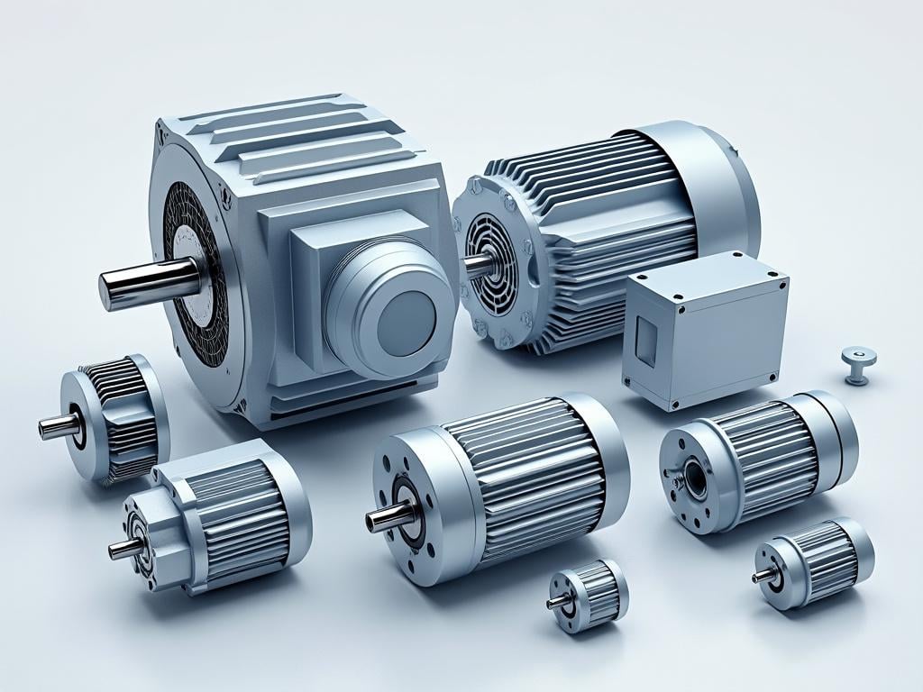 Collection of various sizes of industrial electric motors in metallic casing on a light background.