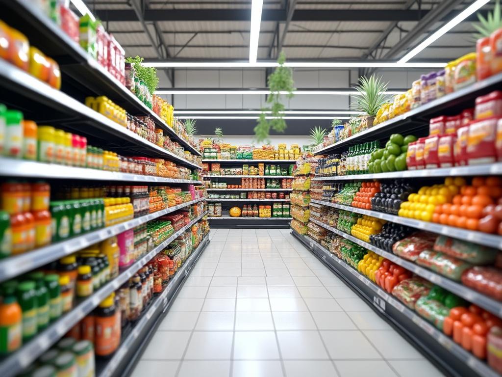 Pasillo de supermercado con estantes llenos de productos coloridos como frutas y botellas.