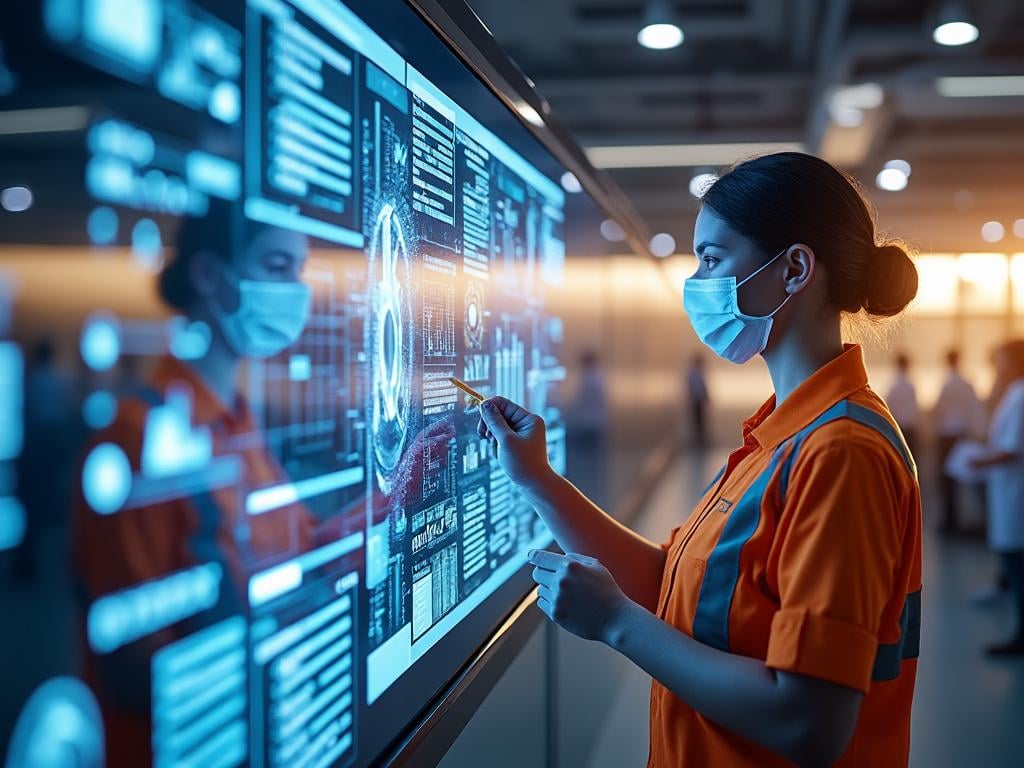 Mujer con mascarilla operando una pantalla táctil interactiva, vestida con uniforme naranja en un entorno tecnológico avanzado.