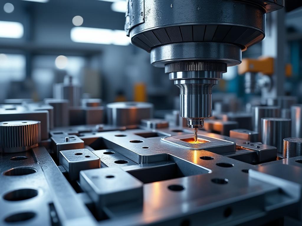 Máquina CNC tallando metal en un ambiente industrial moderno, con herramientas de precisión y piezas metálicas.
