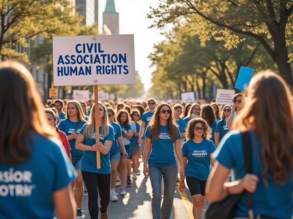 Manifestación de personas con camisetas azules y cartel que dice 'Civil Association Human Rights' en una calle arbolada.