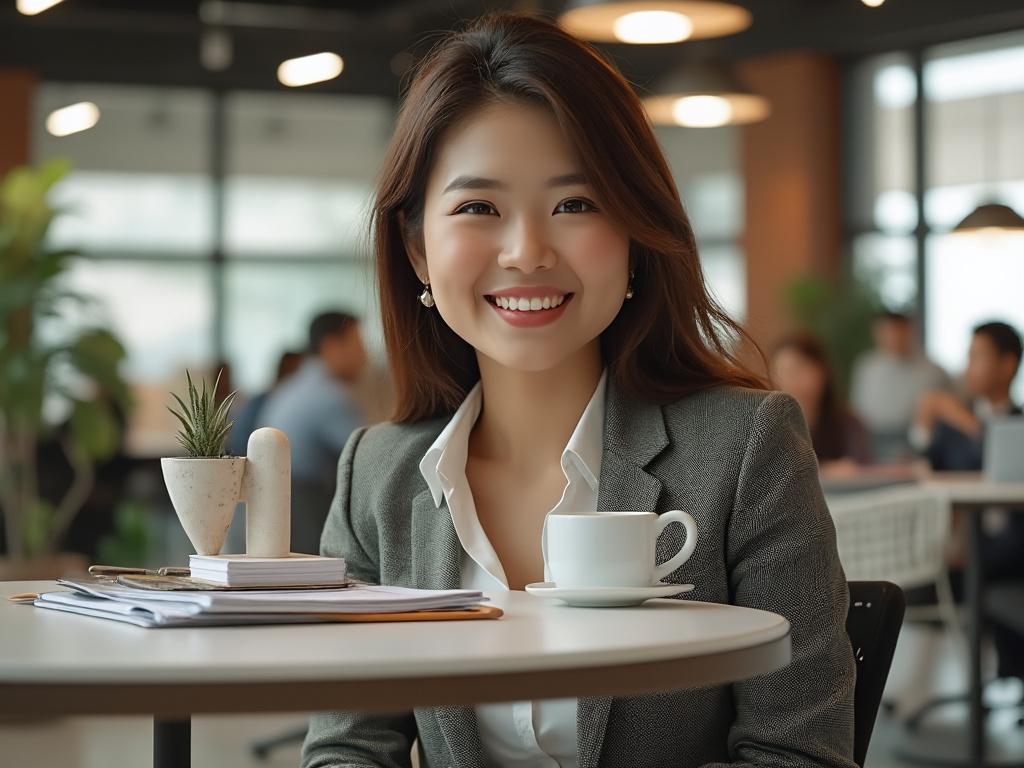 Mujer sonriendo con traje formal en una cafetería, con una taza de café y documentos en la mesa.