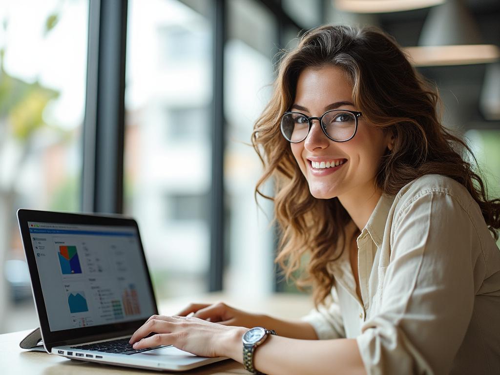 Mujer joven con gafas sonriendo mientras trabaja en una computadora portátil con gráficos en pantalla en un ambiente de oficina luminosa.