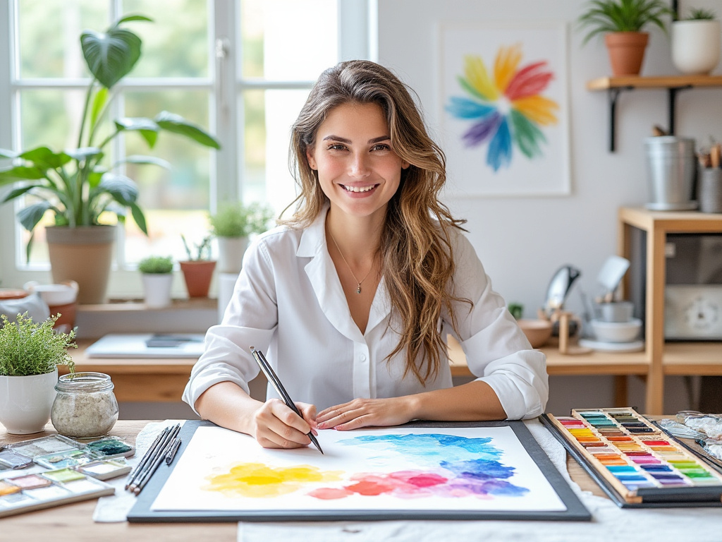 Smiling woman painting with watercolors at a desk in a bright studio with plants and colorful artwork.
