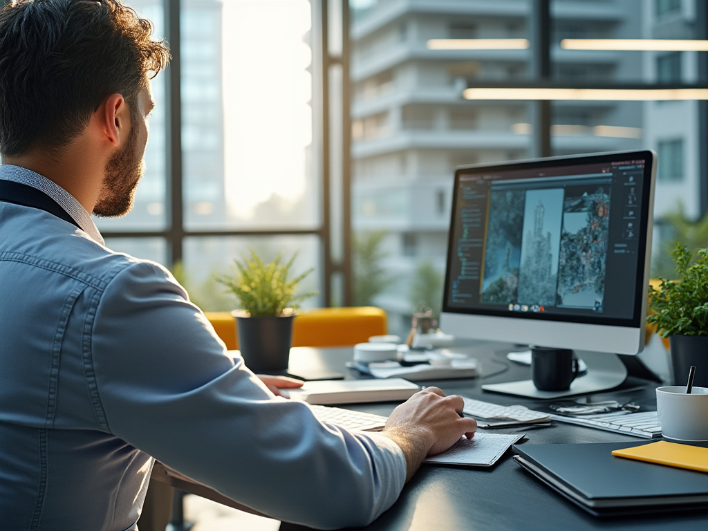 Un hombre trabajando frente a una computadora con gráficos en una oficina moderna con ventanas grandes y plantas decorativas.