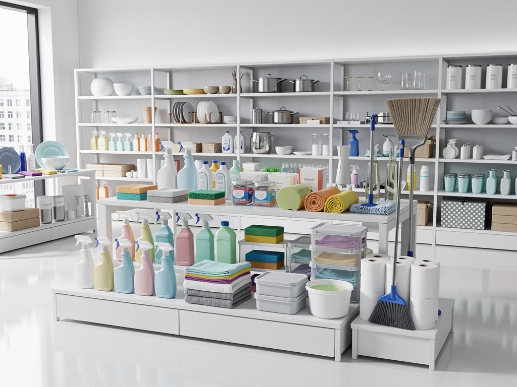 Tienda de productos de limpieza con estantes de detergentes, esponjas, paños, escobas, fregonas y papel higiénico
