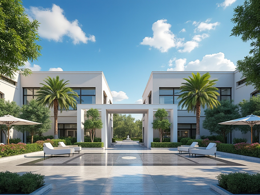 Patio moderno con palmeras y sillones, flanqueado por edificios blancos con grandes ventanales, cielo despejado.