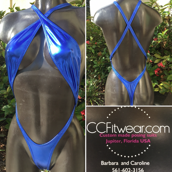  34.
top small body thong plastic hook on sides- blue metallic fabric 
$70
