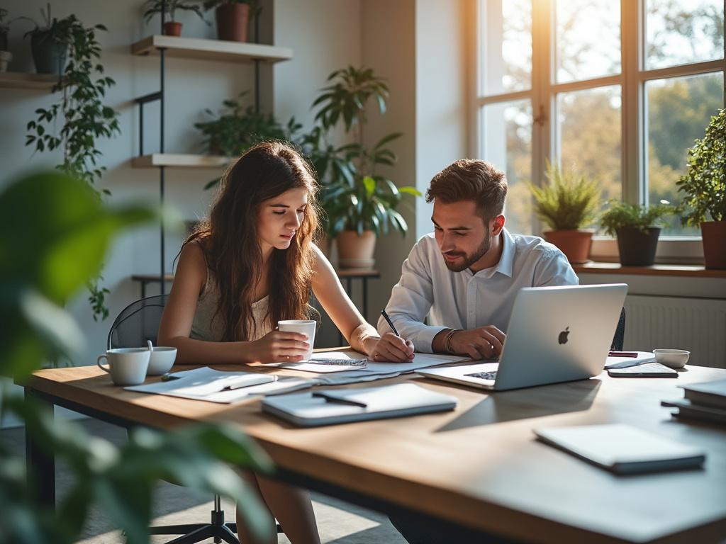 Man and woman collaborating in a sunlit office, surrounded by plants, with a laptop and coffee cups on the table.