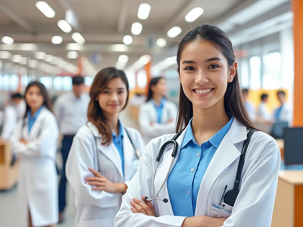 Grupo de jóvenes médicos sonriendo en un entorno hospitalario moderno, con estetoscopios y uniforme blanco.