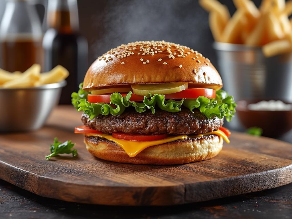 Hamburguesa jugosa en pan con sésamo, acompañada de lechuga, tomate y pepinillo, sobre tabla de madera con papas fritas al fondo.